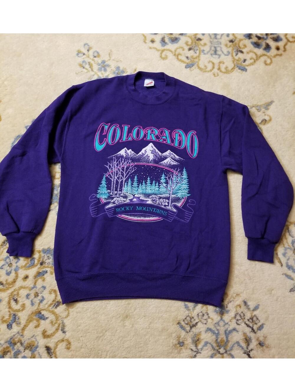 Vtg 90s Colorado Rocky Mountains Retro Mens L Sweatshirt Purple Sweater USA Crew